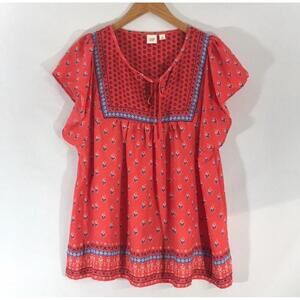 GAP Peasant Top MEDIUM Red Cap Sleeved Flower Print Tie Neck Womens NWOT